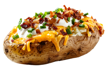 loaded baked potato with cheese topping isolated on a transparent background