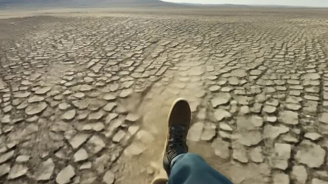 Hiker walking through dried cracked mud in desert