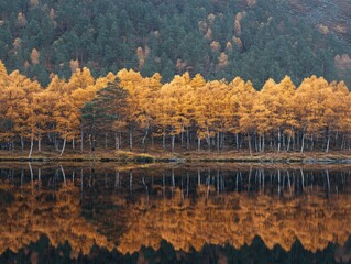 Stunning autumn landscape with vibrant yellow trees reflected in a calm lake
