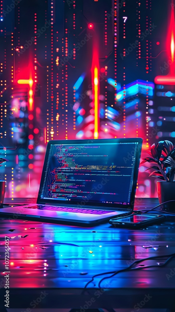 Poster futuristic laptop with programming code displayed against neon cyberpunk cityscape background with g
