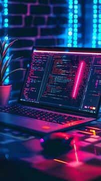 Modern laptop displaying programming code on screen in dark room with neon cyberpunk lighting, perfect for software development, hacking or technology concepts.