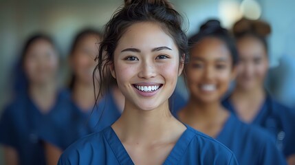 Fototapeta premium diverse group of healthcare professionals in medical scrubs smiling together, capturing a moment of unity and positivity within a healthcare environment. This image embodies professionalism, teamwork