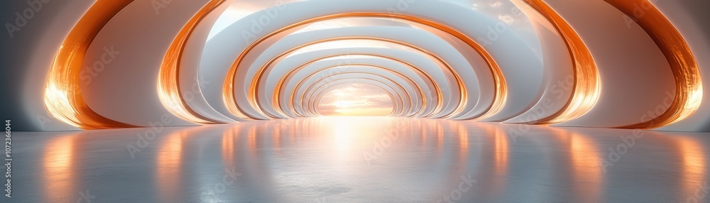 Poster futuristic hallway with smooth curves and ambient lighting, creating a serene atmosphere and invitin