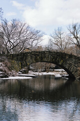 A Serene Winter Scene Showcasing a Historic Stone Bridge Amidst a Landscape