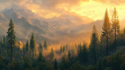 Golden hour on mountain landscape with trees