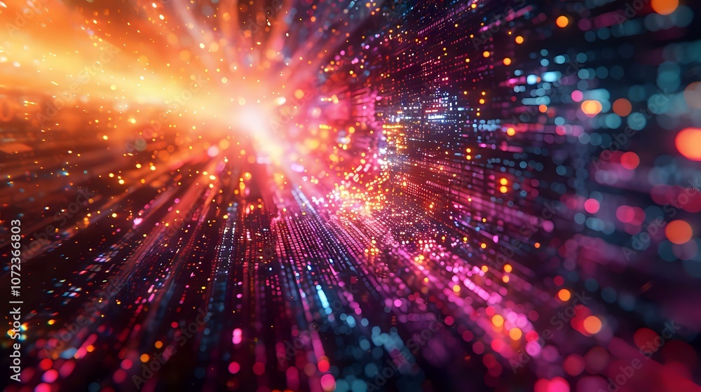 Poster abstract digital representation of vibrant lights and data streams, creating a sense of motion and e