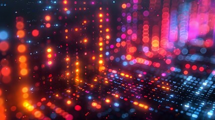 Obraz premium Futuristic digital landscape with glowing orange and purple neon lights creating a cyberpunk cityscape grid pattern, perfect for technology and innovation concepts.