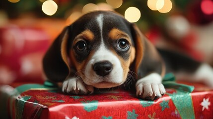 Adorable beagle puppy resting on a colorful gift box, perfect for pet lovers and holiday themes