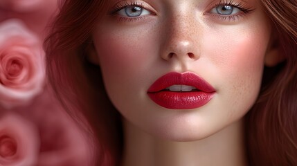 Fototapeta premium Beautiful Woman with Red Lips and Soft Pink Background