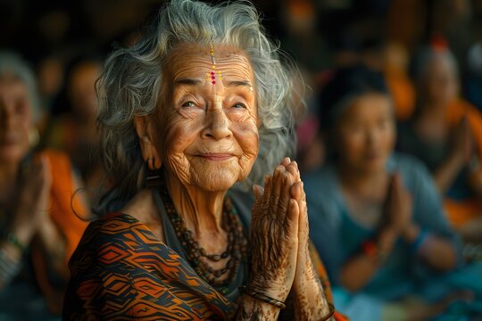 Smiling elderly woman with long gray hair, clasping her hands in a prayerful gesture, surrounded by a group in a spiritual or yoga setting. Perfect for themes of mindfulness, spirituality, aging grace