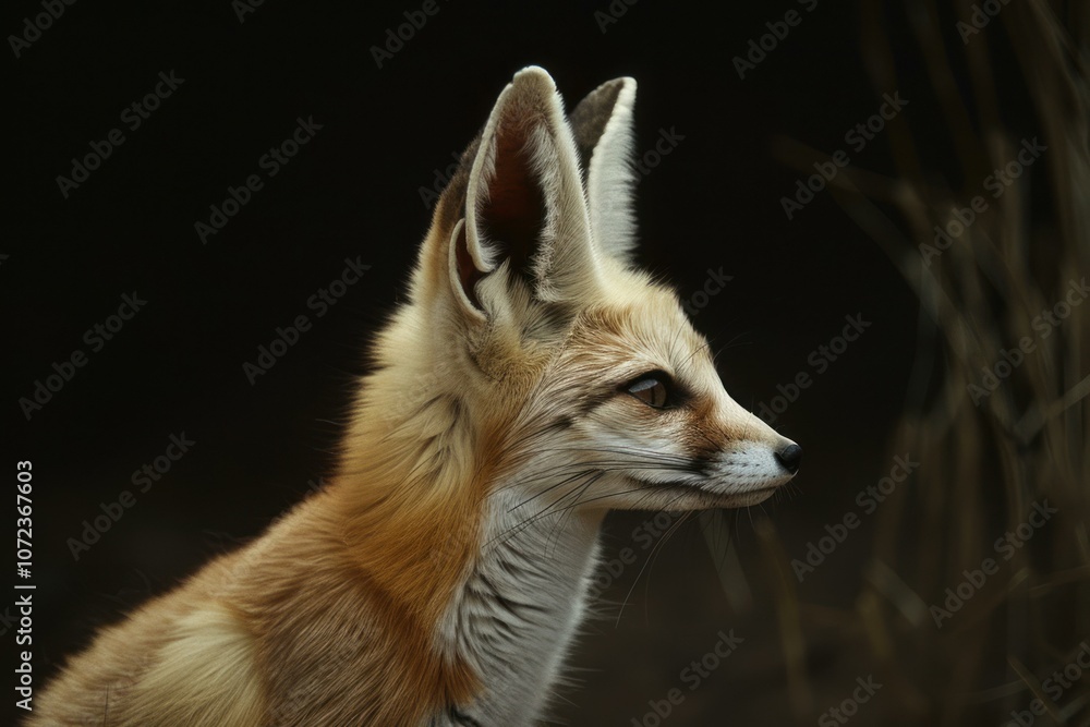 Poster close up of a fennec fox showing its distinctive large ears against a dark background, creating a ca