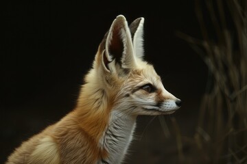 Fototapeta premium Close up of a fennec fox showing its distinctive large ears against a dark background, creating a captivating wildlife portrait