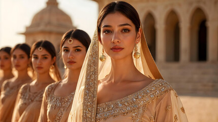 Obraz premium Serene Indian Brides in Subtle Gold Embellished Sarees generative ai