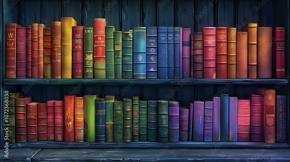 Poster colorful bookshelf arranged in a gradient pattern from red to purple, showcasing a vibrant collectio