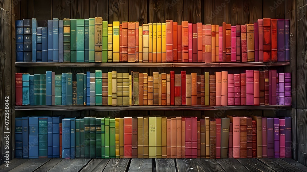 Poster colorful bookshelf arranged in a vibrant gradient, showcasing a beautiful spectrum from green to red