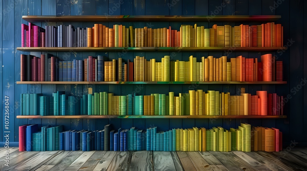 Poster colorful bookshelf arranged in a gradient pattern from red to purple, showcasing a vibrant collectio