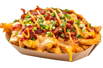 loaded cheese fries topped with chilies isolated on a transparent background