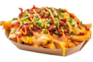 loaded cheese fries topped with chilies isolated on a transparent background