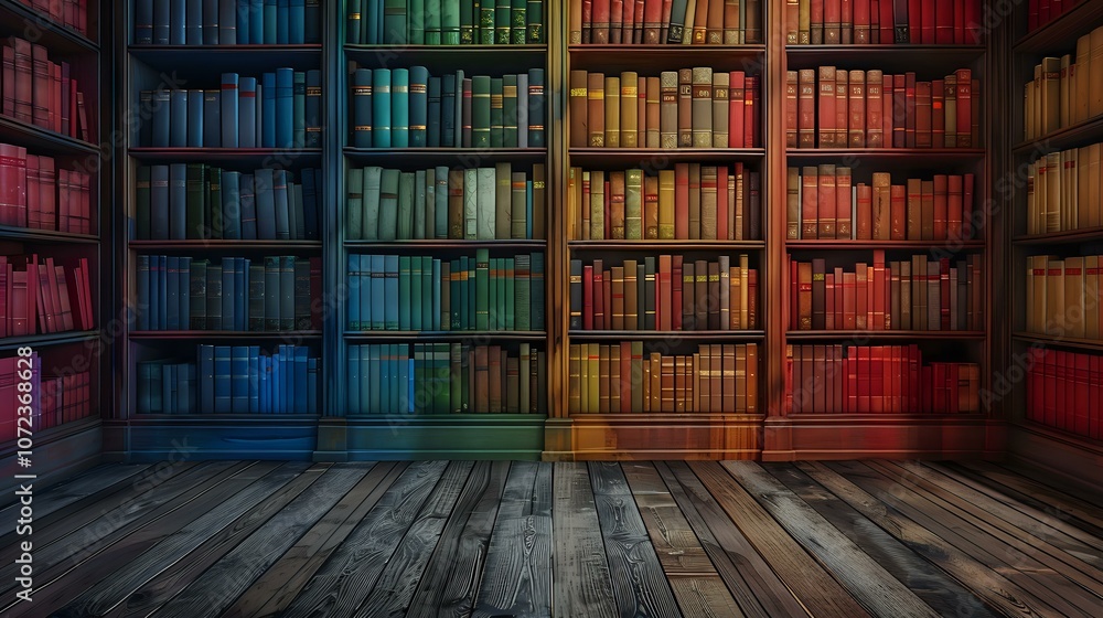 Poster colorful bookshelf with rows of books arranged in a vibrant, rainbow-like gradient. perfect for them