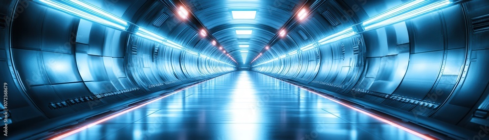 Poster futuristic tunnel with glowing blue lights, creating a sense of depth and modernity, ideal for tech 