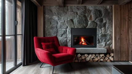 Cozy living room with a red chair and a warm fireplace against a stone wall.