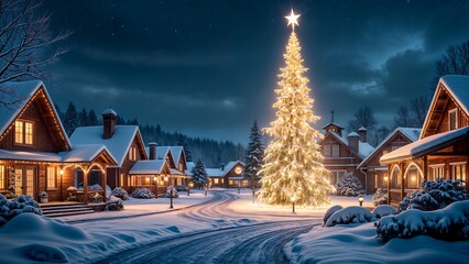 Cozy snow-covered houses and a decorated Christmas tree in a village at night