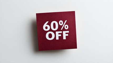 White '60% OFF' Text on a Burgundy Square Paper Note. White Background with Copy Space