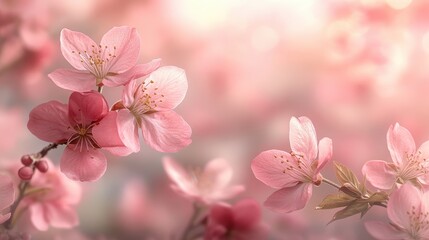 Obraz premium Delicate pink blossoms on a soft, dreamy background create a serene, spring-like atmosphere.
