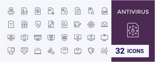 Antivirus icons set in line style. Contains related to defense, safe, cyber security, security, guard, protection and more. Thin linear style icon. Vector outline icons Collection.