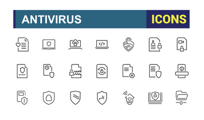 Antivirus icons set in line style. Contains related to defense, safe, cyber security, security, guard, protection and more. Thin linear style icon. Vector outline icons Collection.