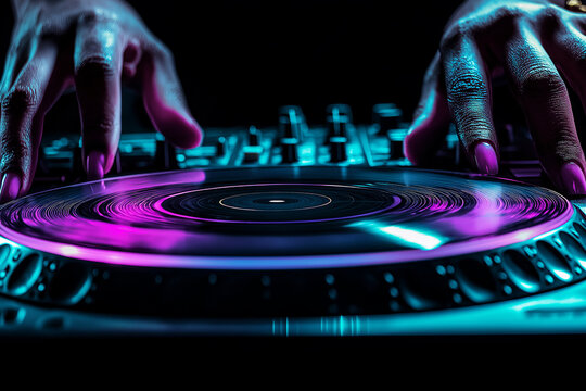 cool young female DJ skillfully mixes music on turntable, showcasing vibrant colors and dynamic lighting. atmosphere is energetic and engaging