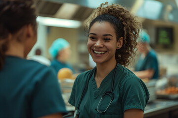 A nurse smiles while conversing with a colleague in the vibrant atmosphere of a hospital kitchen, highlighting teamwork and camaraderie during a busy shift
