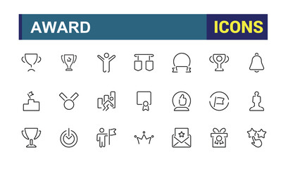 Award linear icon collection. Includes thin line honor, win, medallion, badge, banner, competition, sport, top. Collection for mobile and web apps. Editable stroke.
