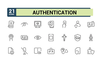 Authentication line icons set. Related to access control, identification, authorization, authenticity, biometric and more. Isolated icon design. Vector symbol editable stroke.