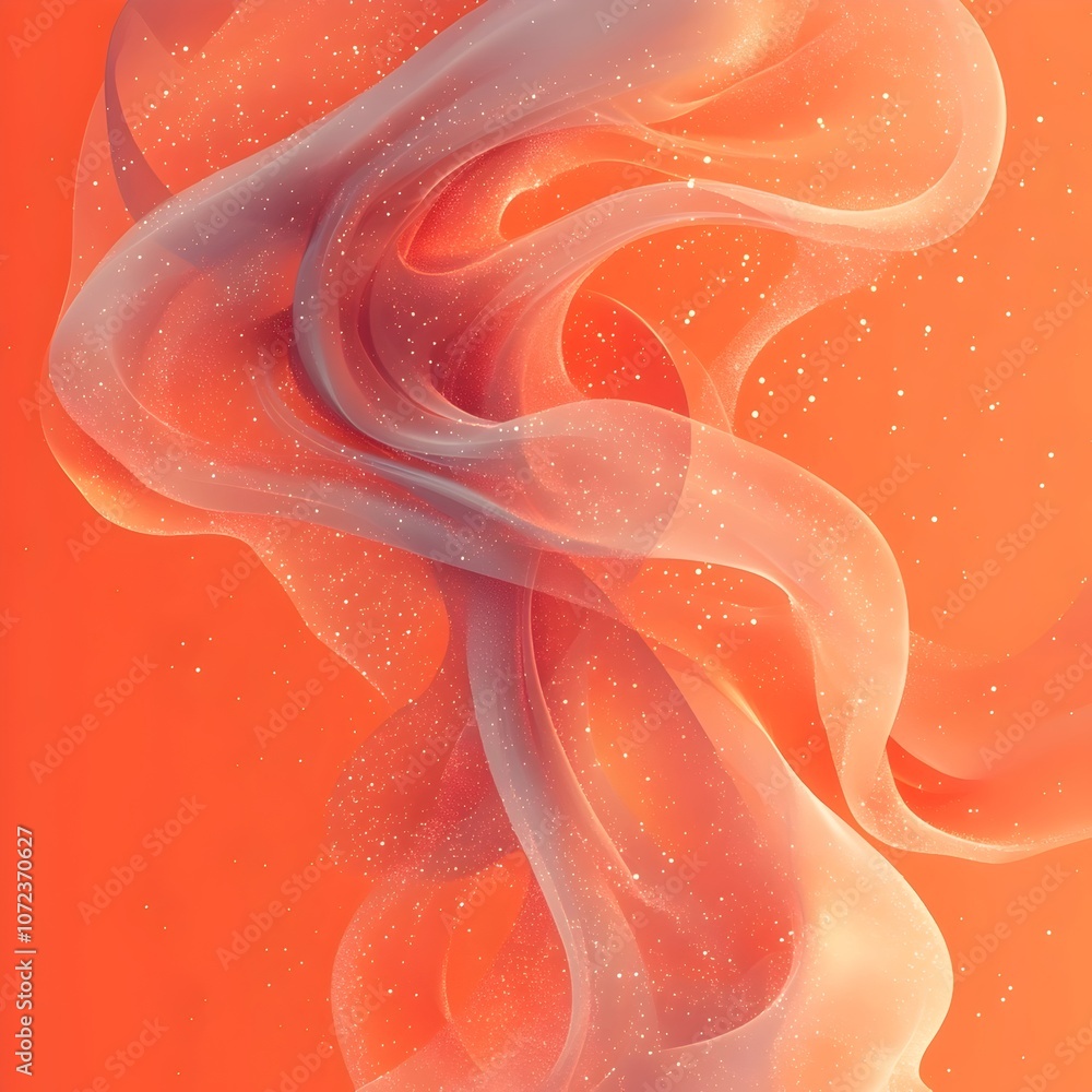 Poster an abstract composition featuring flowing translucent waves in shades of orange and white, creating 