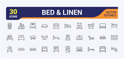 Bed Linen line icons set. Includes icons for sheet, soft, home, duvet, bed and more. Minimalist thin linear icon collection.