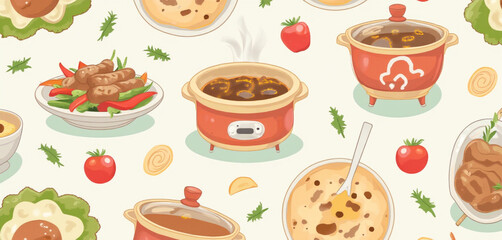 Seamless Pattern of Soup Bowls and Bread Rolls with Garnishes