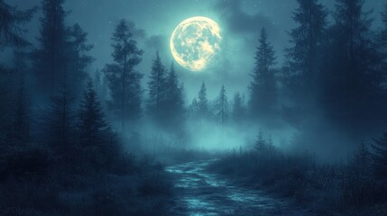 Fototapeta premium Serene moonlit forest with mist and a winding path.