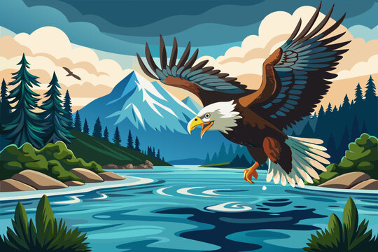 Beautiful bald eagle attacking a fish vector art illustration