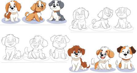 Fototapeta premium Cute Cartoon Puppies in Different Poses for Coloring and Fun