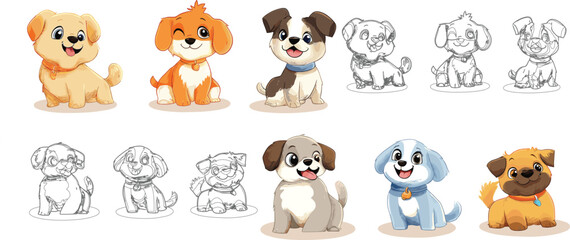Colorful Cartoon Puppies and Their Sketch Illustrations