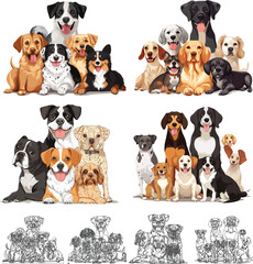 Colorful Illustration of Diverse Dog Breeds Grouped Together