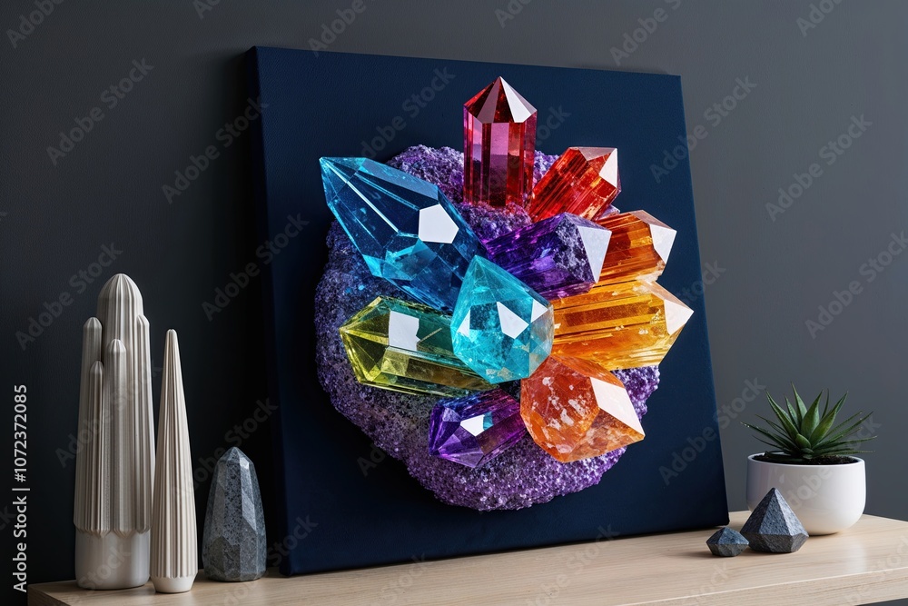 Poster colorful crystalline structures in three-dimensional display on dark canvas