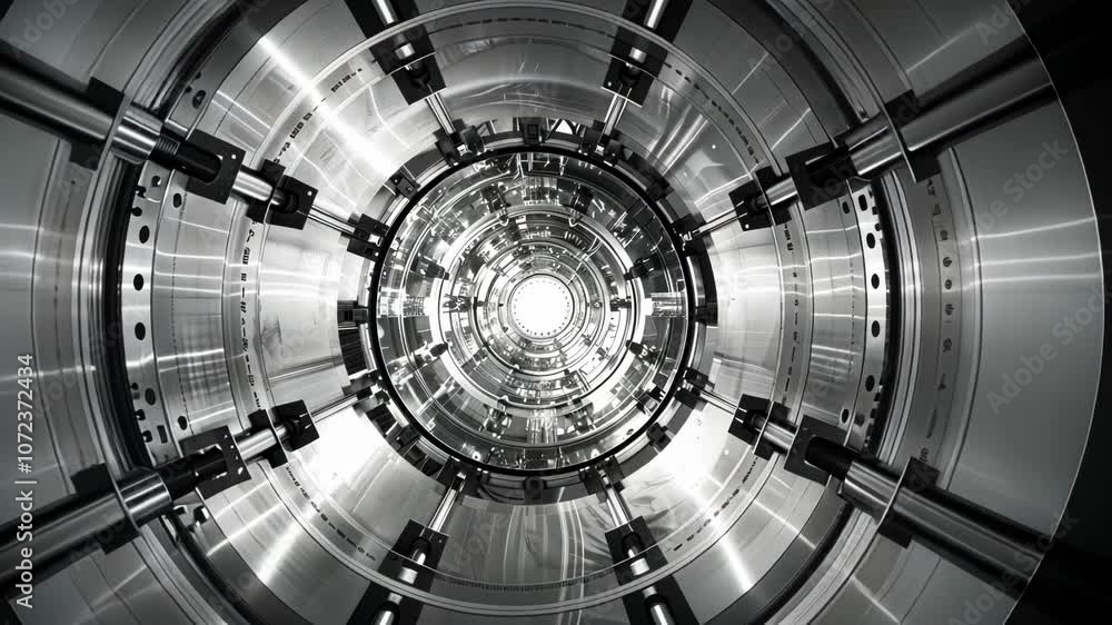 Poster a black and white photograph of a particle detector highlighting the symmetrical structure and preci