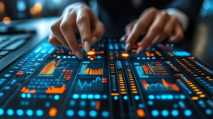 Hands of a Business Professional Analyzing Data Trends and Financial Charts on a High-Tech Digital Interface for Market Insights and Investment Strategies