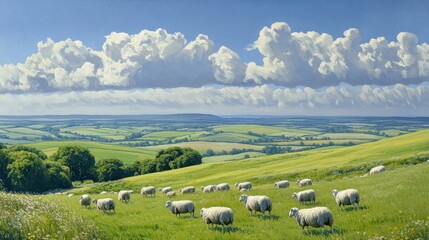 A flock of sheep grazing peacefully on the lush green turf of chalk downs, with distant hills fading into the horizon