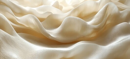 Obraz premium A close-up of soft, flowing cream-colored satin fabric, showcasing elegant waves and delicate texture, creating a serene and luxurious feel.