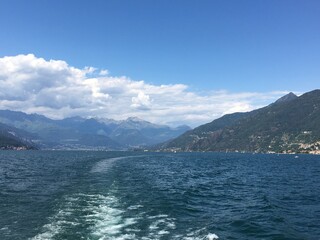 view of the lake and mountains from the boat