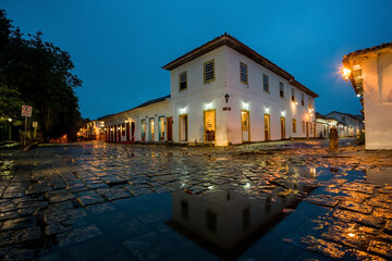 Street at night in the historic center of Paraty, Rio de Janeiro, Brazil, World Heritage. Paraty is...