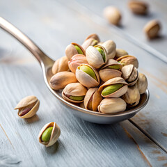 A metal spoon filled with pistachio nuts against a light background, displaying a healthy and natural snack choice with rustic appeal